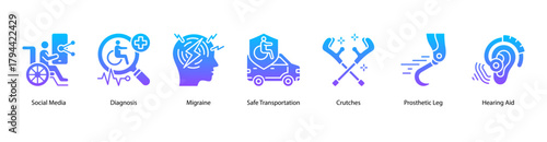 Health Accessibility web banner illustration featuring Social Media, Diagnosis, Migraine, Safe Transportation, Crutches, Prosthetic Leg, and Hearing Aid. Promotes mobility and medical innovation.