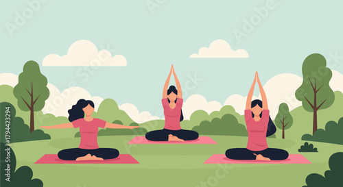 Find inner peace with a group of friends doing yoga in nature, a vector illustration perfect for wellness brands and mindful living campaigns, scalable