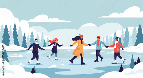 Group ice skating brings winter joy and festive spirit, perfect for holiday promotions and seasonal content, ideal for family fun and outdoor activities