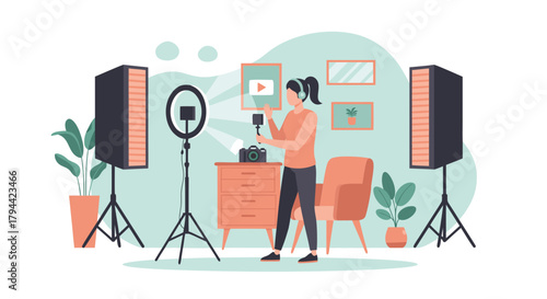 Create captivating content at home a woman recording videos with professional lighting for social media, a modern digital influencer creating engaging content