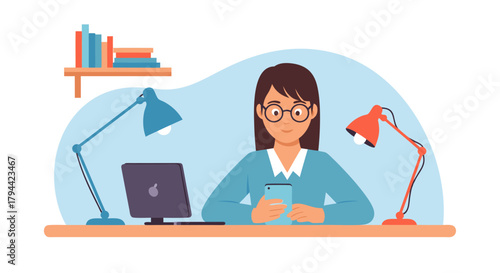 Cheerful entrepreneur browsing mobile at bright desk with laptop, radiating productivity and focus in a modern, digitally connected workspace