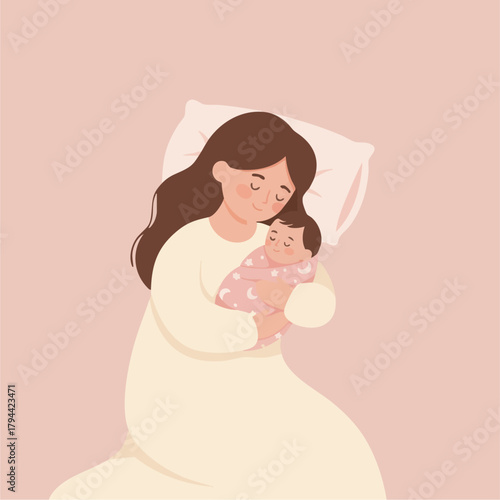 Baby Sleeping on Mom’s Chest
Flat-vector gentle scene of a baby napping on mom’s chest,