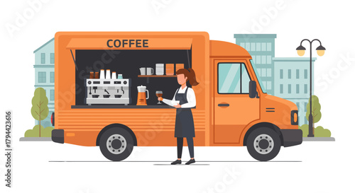 Charming coffee truck with friendly barista serving delicious drinks in a vibrant urban setting, perfect for capturing the essence of street food culture