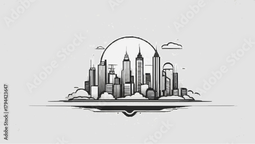 Grunge vector illustration of an urban city skyline silhouette with skyscrapers and buildings