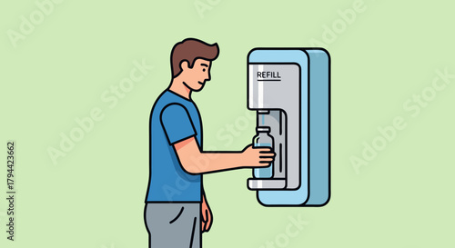 Stay Hydrated A man refills his water bottle at a stylish water dispenser, promoting sustainability and healthy living, great for eco-conscious brands