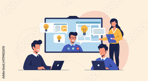 Dynamic team collaborating on a virtual meeting, brainstorming innovative ideas and presenting strategies, fostering teamwork and achieving business goals together