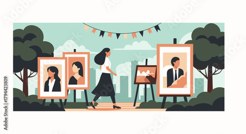 Woman enjoys outdoor art exhibition with portraits and landscape paintings, celebrating culture in the city park, promoting local artists with style