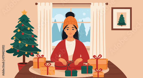 Cheerful woman wrapping Christmas presents with festive tree, capturing holiday joy and creating gifts in a cozy seasonal setting, perfect for lifestyle blogs