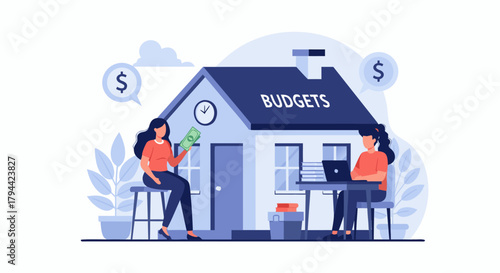 Plan Your Finances: Two Women Manage Budgets, Savings, and Investments for a Secure Future with Home and Money in a Modern, Professional Style