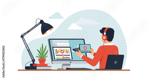 Engaging online learning experience with modern tech and focused student, perfect for e-learning platforms and remote education marketing campaigns