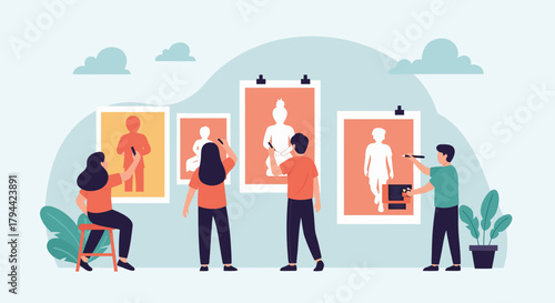 Dynamic team collaborating on modern art project, creating innovative designs and sharing inspiration in a creative studio environment, fostering teamwork