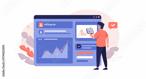 Man manages online influence growth and checks business analytics on dashboard, perfect for social media marketing, data analysis, and digital strategy