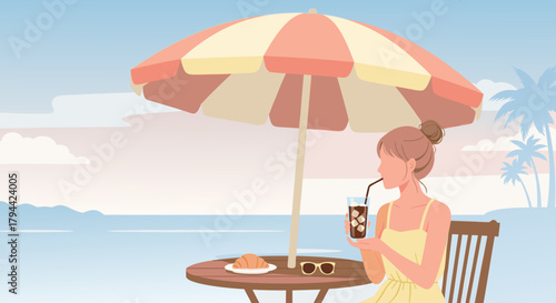Enjoying a refreshing iced coffee and croissant at a tropical beach cafe, relaxing under a sun umbrella with palm trees in the distance, summer bliss