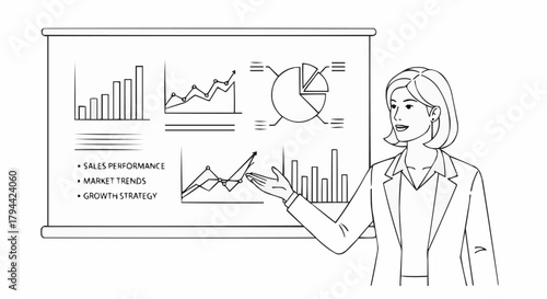 Woman presenting business data analysis on a projection screen.