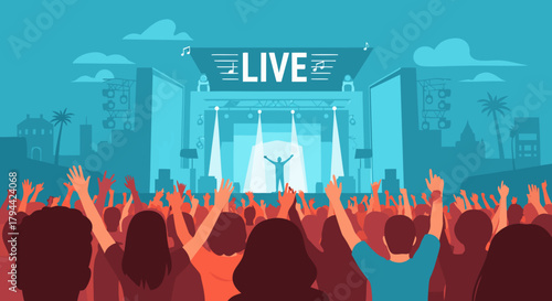 Feel the Energy: Vibrant crowd enjoying a live concert with a performer on stage, perfect for event promotions and music festival advertising