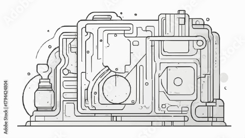 Artistic rendering of a computer alongside a circuit board, emphasizing the complexity of electronic circuitry