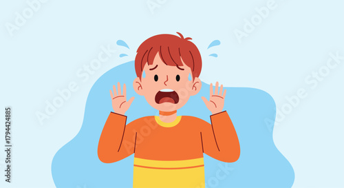 Illustrated young boy showing an expression of pure terror, sweating and holding his hands up in a gesture of fear and anxiety.