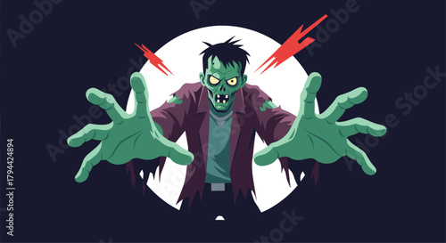 Menacing green zombie character with glowing eyes reaching forward aggressively in front of a bright full moon on a dark night.