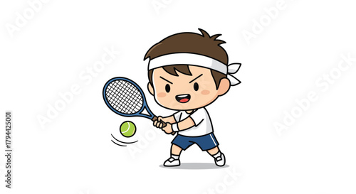 Dynamic chibi-style cartoon boy with a sweatband playing tennis, swinging his racket to hit the ball with great determination.