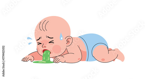 Unfortunate cartoon baby lying on its stomach and throwing up green vomit, illustrating a moment of sickness, colic, or illness.