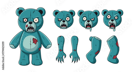 Creepy character creation kit for a zombie teddy bear, with a full body and separate parts like heads, arms, and legs for animation.