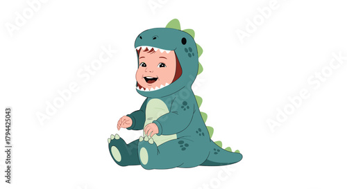 Absolutely adorable baby wearing a green dinosaur onesie, sitting down with a happy and cheerful expression on a white background.