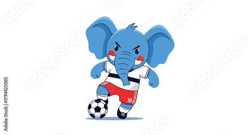 Strong cartoon elephant mascot in a sports uniform dribbling a soccer ball with focus, ready to score a goal for its team.