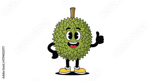 Positive retro-style cartoon durian character with big eyes and a wide smile, giving a confident thumbs-up gesture of approval.
