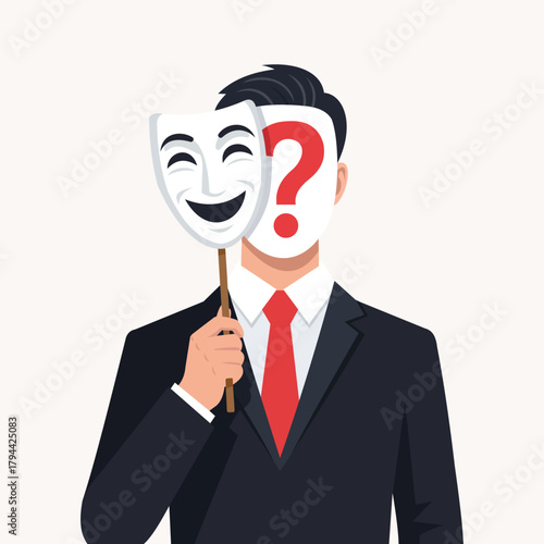 Man in suit holding a happy mask in front of his face, revealing a question mark, symbolizing hidden identity and deception vector illustration