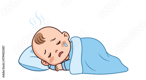 Poorly cartoon baby suffering from a fever, crying in its sleep under a blue blanket with steam rising from its forehead.