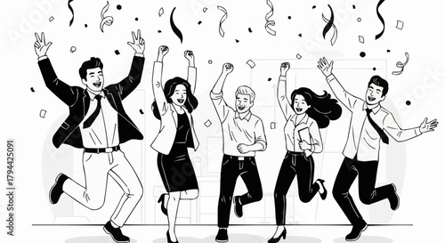 Joyful colleagues celebrate success with raised arms and confetti.