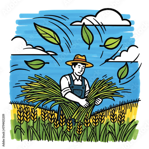 Illustration of a farmer holding a bundle of wheat in a field under a windy sky with floating leaves.