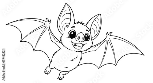 Simple black and white line art of a smiling cartoon bat with its wings spread wide, perfect as a coloring page for kids.
