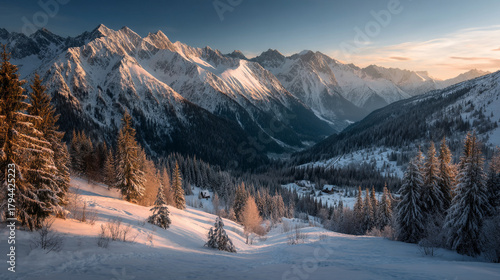 Snowy mountain range with pine trees and a valley under a clear blue sky at sunset time