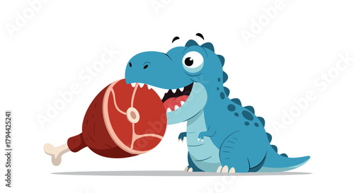Hilarious blue cartoon Tyrannosaurus Rex dinosaur having a great time while eating a giant piece of meat from a bone.
