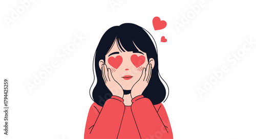 Beautiful young woman with large hearts in her eyes, holding her blushing face to show that she is completely in love.