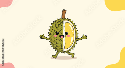 Energetic cartoon durian character with a kawaii face, running happily with open arms against a simple and colorful background.