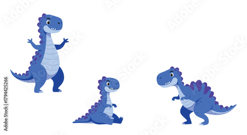 Adorable set of three blue and purple cartoon Tyrannosaurus Rex dinosaurs, shown in friendly sitting, standing, and walking poses.
