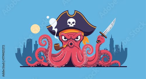 Fearsome octopus pirate with a menacing expression, smoking a pipe and holding a cutlass in front of a modern city skyline.