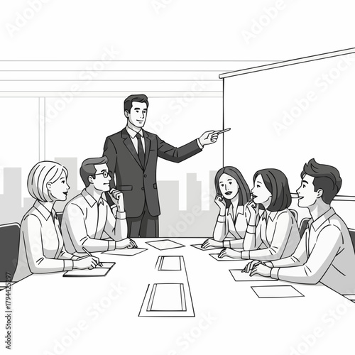 Business meeting with a male presenter and attentive colleagues.