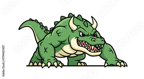 Fearsome green monster resembling a muscular crocodile with sharp teeth and horns, crouching in an aggressive, ready-to-attack stance.