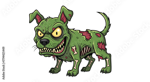Vicious green zombie dog with glowing yellow eyes, snarling aggressively and showing rotting flesh with exposed bones and sinew.