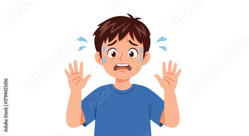 Terrified young boy with a shocked expression, sweating and holding his hands up defensively in a gesture of extreme fear.
