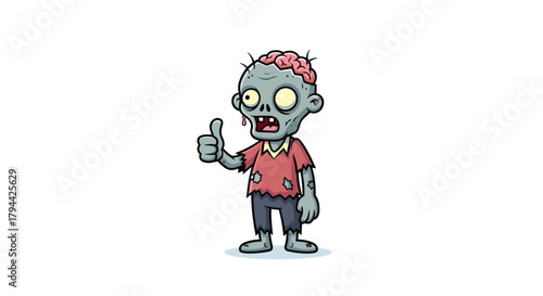 Surprisingly positive cartoon zombie with an exposed brain, giving a confident thumbs-up gesture despite his tattered appearance.