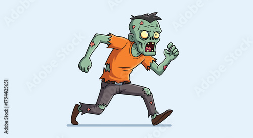 Dynamic cartoon illustration of a green-skinned zombie in tattered clothes, running with a determined and menacing expression.