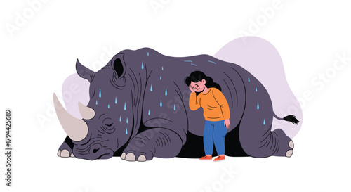An exhausted woman and a large rhinoceros both sweating and looking tired, illustrating a concept of shared fatigue or burden.