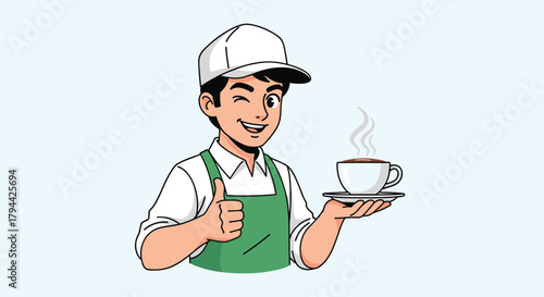 Friendly male barista in a green apron and cap, winking and giving a thumbs-up while serving a hot cup of coffee.