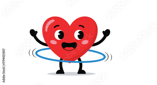 Active and happy red heart character having fun while exercising with a blue hula hoop, promoting a healthy and active lifestyle.