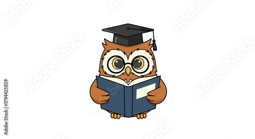 A studious and wise cartoon owl wearing a graduation cap and glasses, sitting and attentively reading a blue hardcover book.
