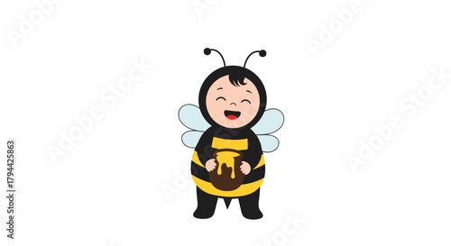 Absolutely adorable baby dressed in a sweet bumblebee costume, complete with wings and antennae, happily holding a pot of honey.
